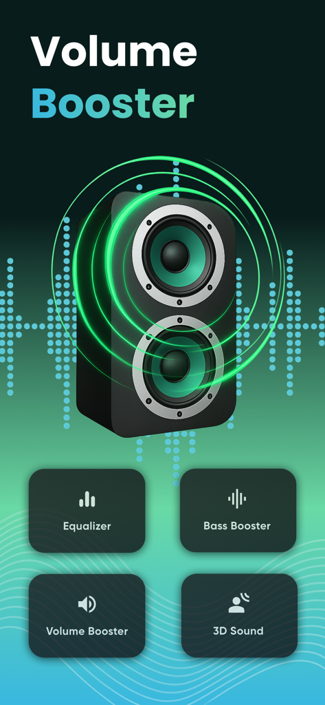 Max Volume Booster app showing features like equalizer bass booster and 3D sound