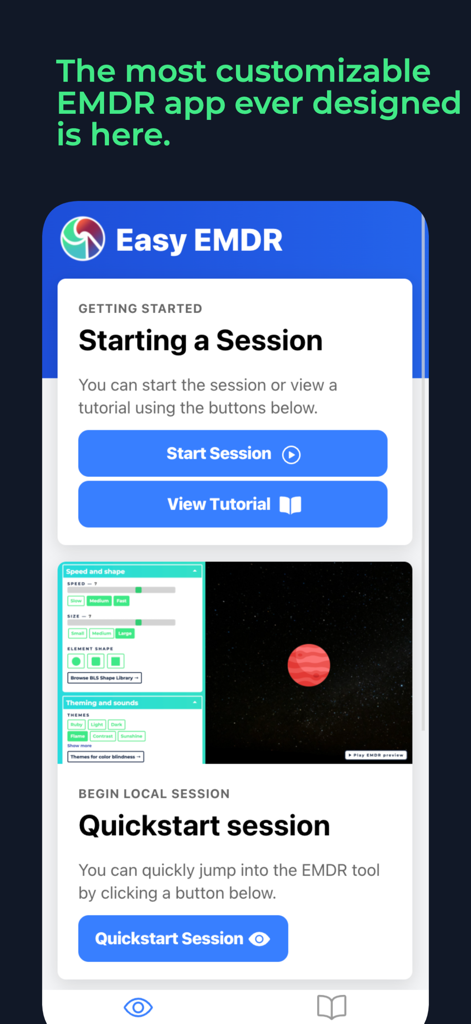 BLS by Easy EMDR - Interface of the Easy EMDR app showing buttons to start a session and customize visual stimulus settings