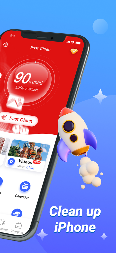 Powerful Cleaner-Clean Storage - Dashboard der Powerful Cleaner App, das die Speichernutzung und eine Rakete für schnelles Bereinigen anzeigt.