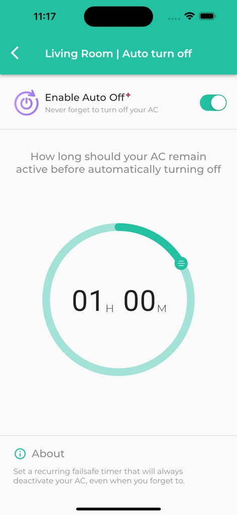 Sensibo - Sensibo app screen showing the auto turn off timer for the living room AC