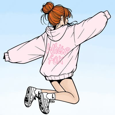 realistic girl jumping with a bun and oversized sweatshirt