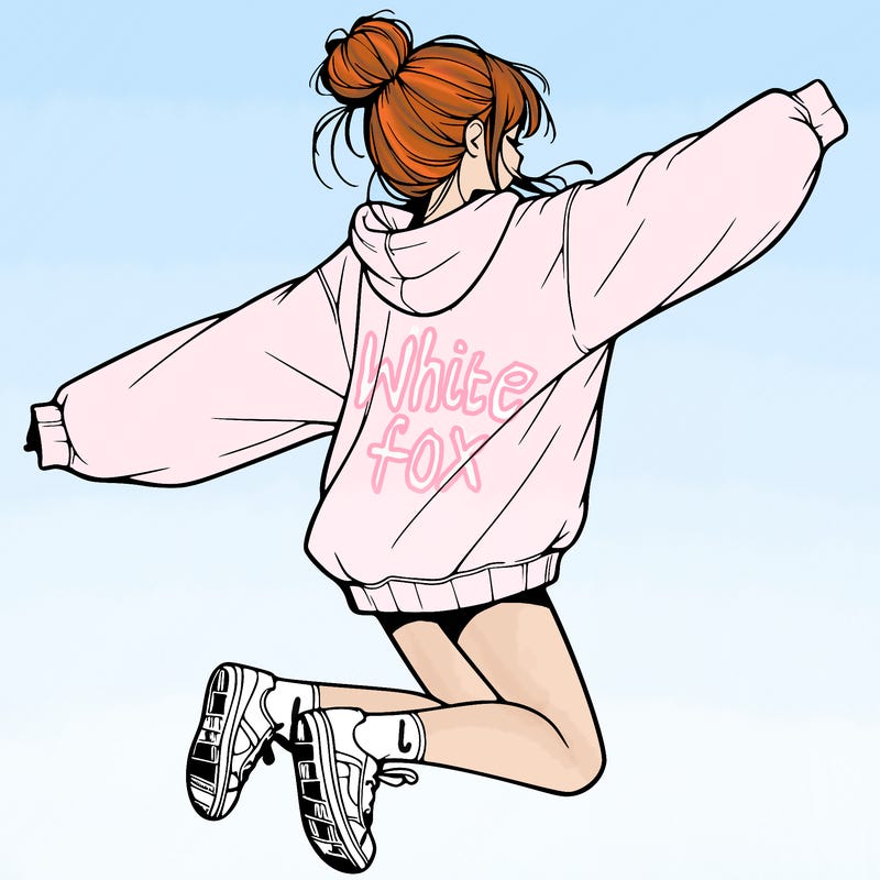 realistic girl jumping with a bun and oversized sweatshirt