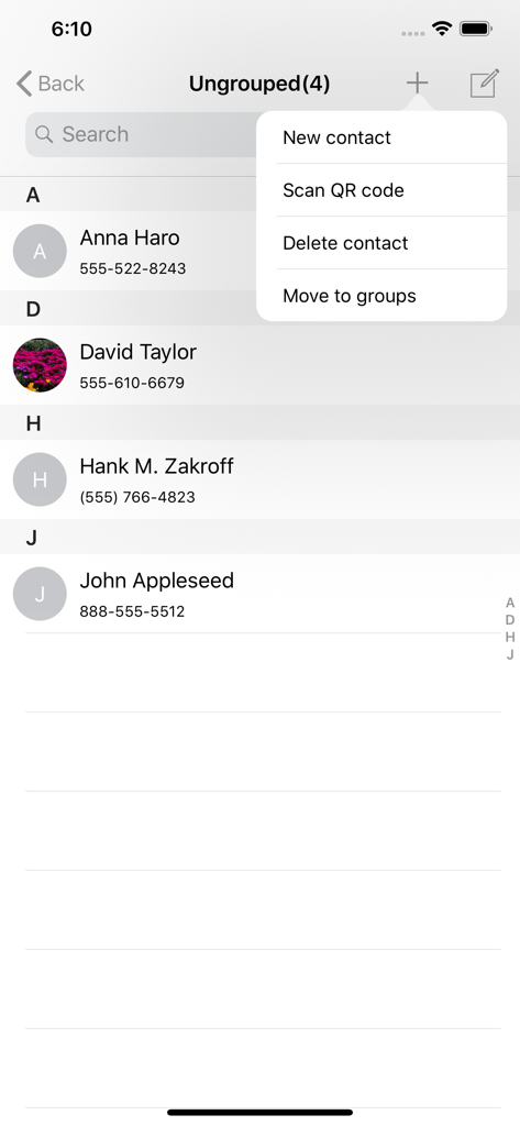 We Contacts - We Contacts app interface showing a list of contacts and a dropdown menu with options to add new contacts or scan QR codes