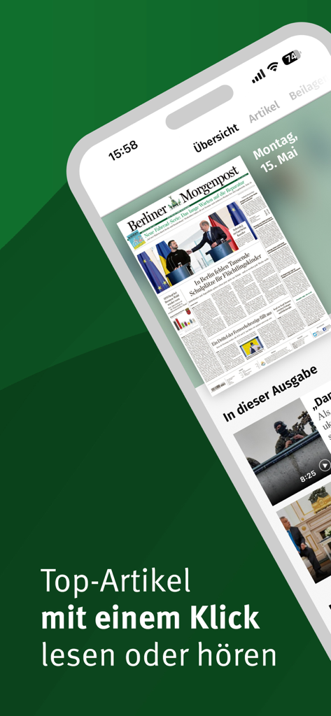 Berliner Morgenpost E-Paper - Interface do aplicativo Berliner Morgenpost E-Paper mostrando a edição digital do jornal e os principais artigos