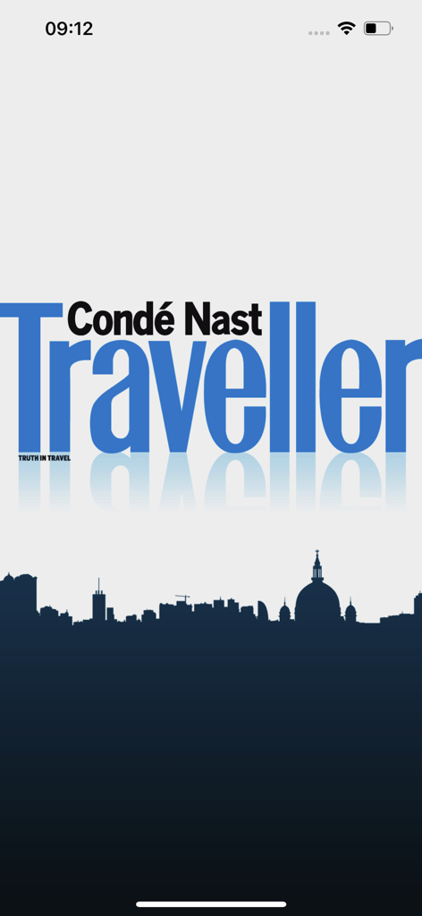 Traveller  Italia - Schermata di presentazione dell'app Traveller Italia di Conde Nast con un logo blu e la silhouette dello skyline di una città