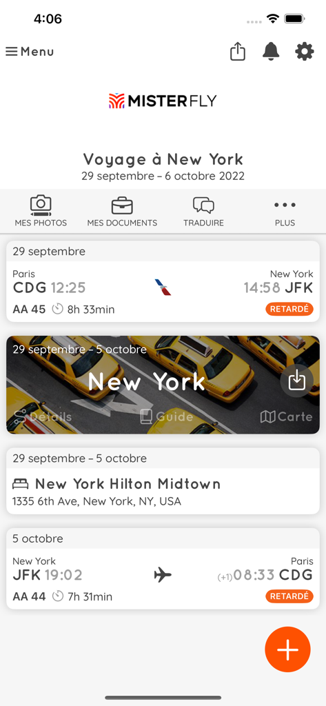 MisterFly - MisterFly mobile app interface displaying a travel itinerary for a New York trip with flight and hotel booking details.
