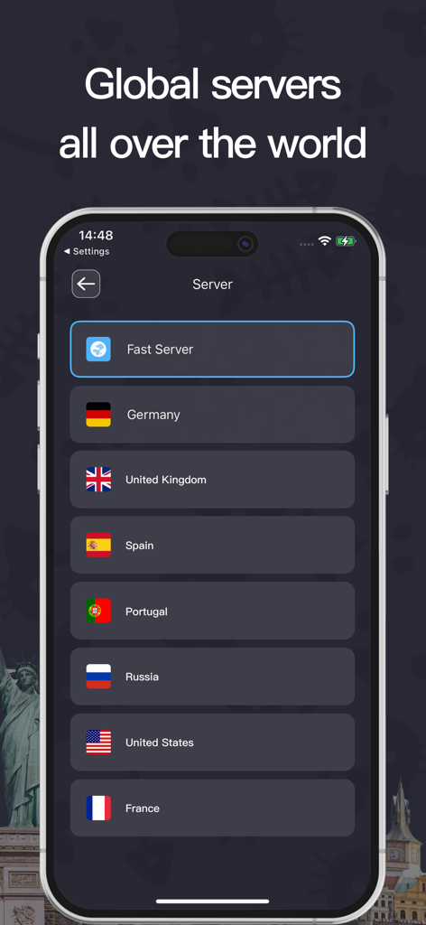 A mobile interface of the Cat VPN app showing a list of global server locations including the USA and UK