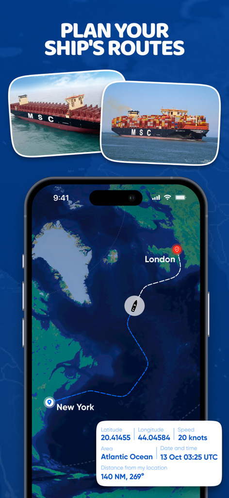 Interfaz de la aplicación móvil mostrando la ruta de navegación de un barco de Nueva York a Londres con datos de rastreo en tiempo real como velocidad y coordenadas.