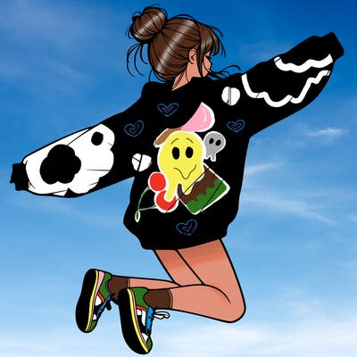 realistic girl jumping with a bun and oversized sweatshirt
