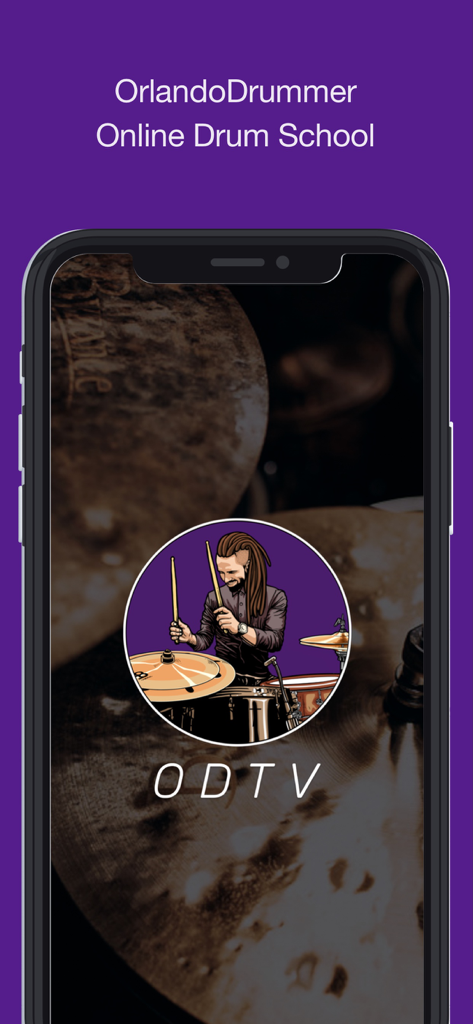 OrlandoDrummer ODTV app splash screen featuring the online drum school logo and an illustrated drummer