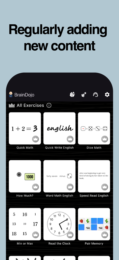 BrainDojo: Brain Training Game - Pantalla de la aplicación BrainDojo que muestra una biblioteca de varios ejercicios cognitivos, incluyendo matemáticas, escritura y juegos de memoria.