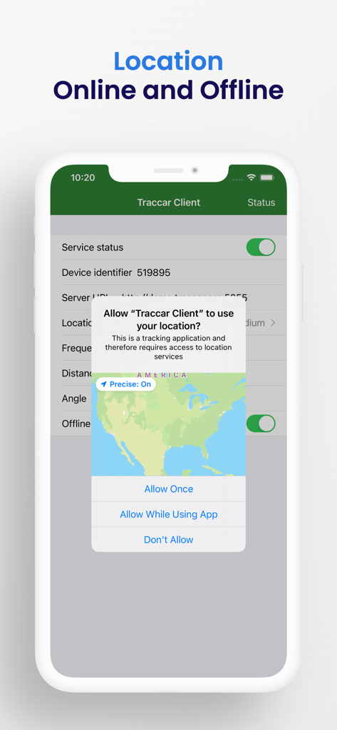 Traccar Client - Traccar Client app interface on iPhone showing a location permission request popup for GPS tracking