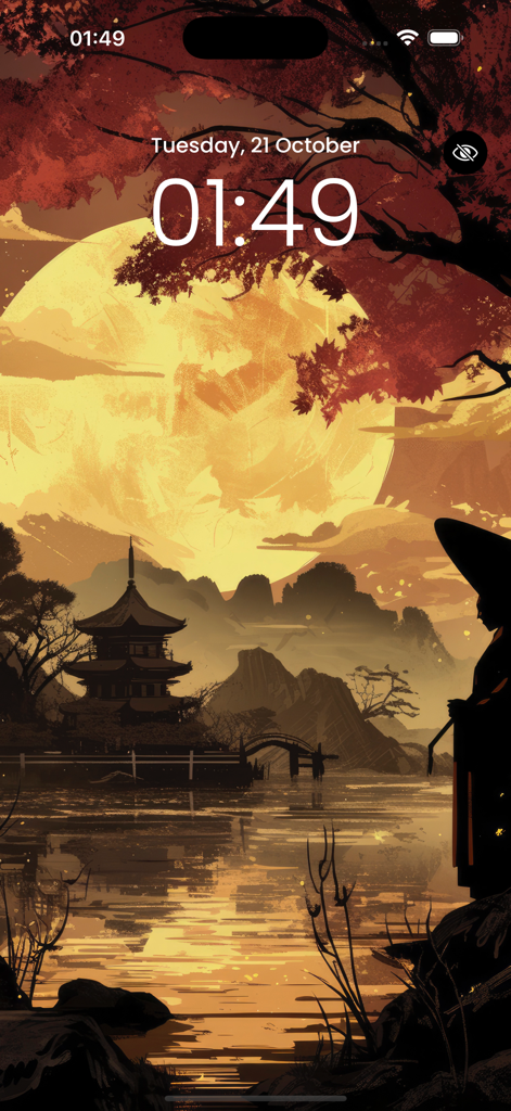 Anime Live Wallpaper 4K! - Anime samurai silhouette overlooking a temple and river at sunset under a large moon