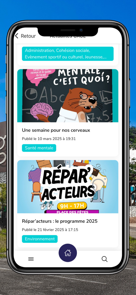 CACL 6-en-1 - Pantalla de smartphone mostrando el feed de noticias de la aplicación CACL 6-en-1 con artículos sobre salud mental y programas ambientales.