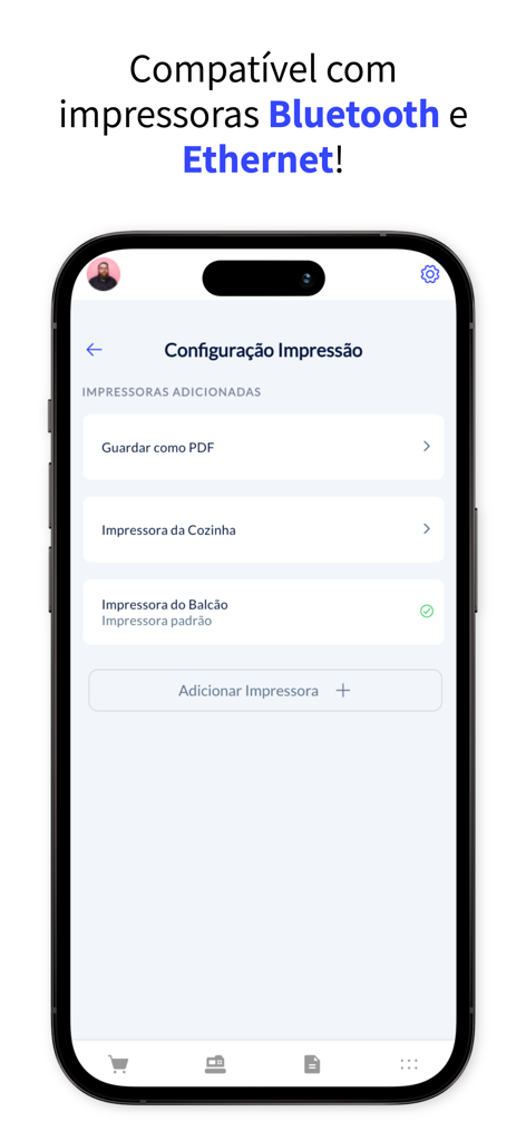 Interface da app Cegid Vendus mostrando a configuração da impressora para conexões Bluetooth e Ethernet