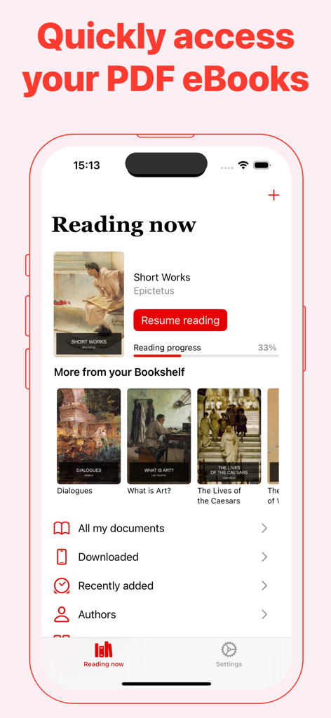 User interface of the PDF Library app on iPhone showing current reading progress and an ebook bookshelf.