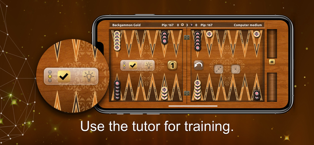 Backgammon Gold - Backgammon Gold mobile game screenshot showing the tutor training feature