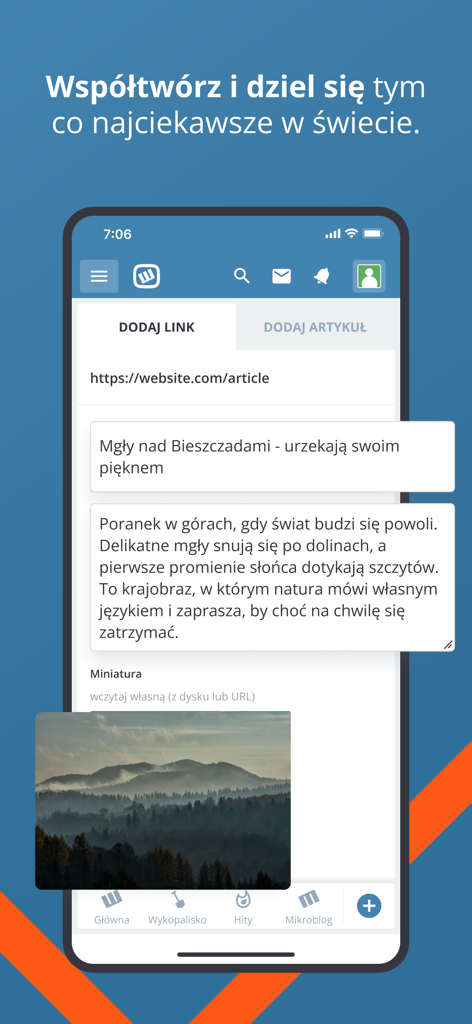 Wykop - L'interfaccia utente dell'app Wykop che mostra la schermata per aggiungere un nuovo link con titolo, descrizione e anteprima dell'immagine.