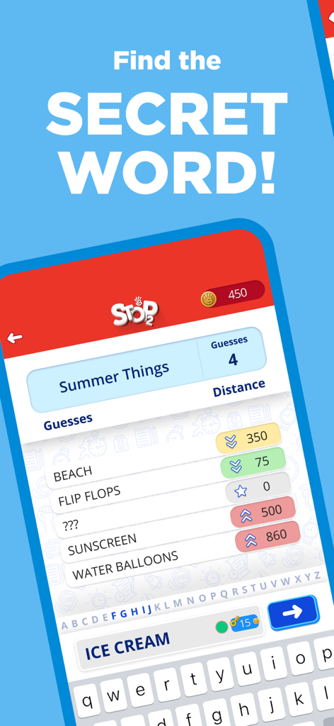 A gameplay screenshot of Stop 2 trivia game showing a user guessing summer-themed words to find a secret word.