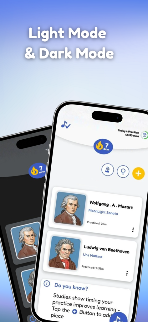 Go Practice Music - Dois iPhones exibindo a interface do aplicativo Go Practice Music em modos claro e escuro com retratos de compositores clássicos.