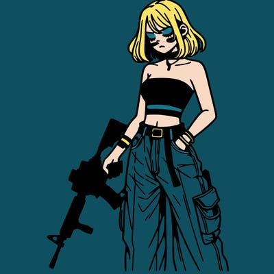 a dangerous girlcrop top and baggy jeans with a rifle in her hand