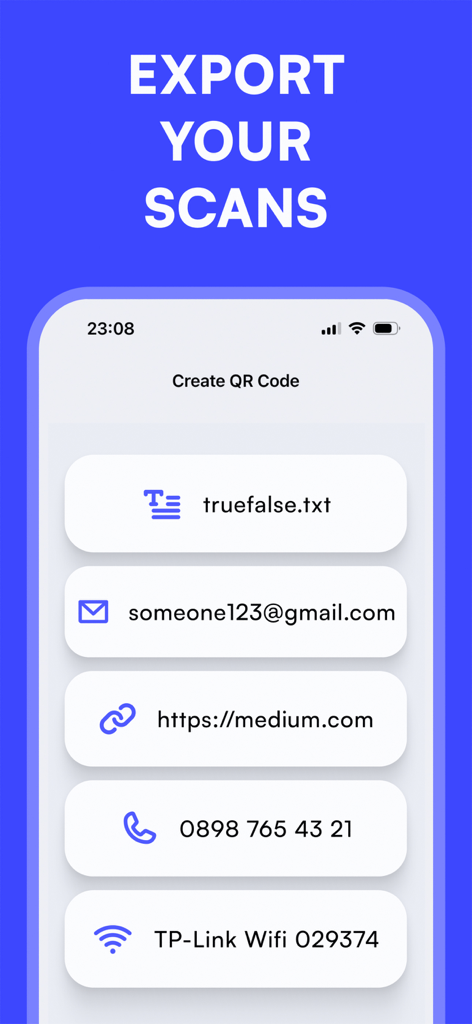 Interface showing options to export various scanned data types including text files emails web links phone numbers and wifi details