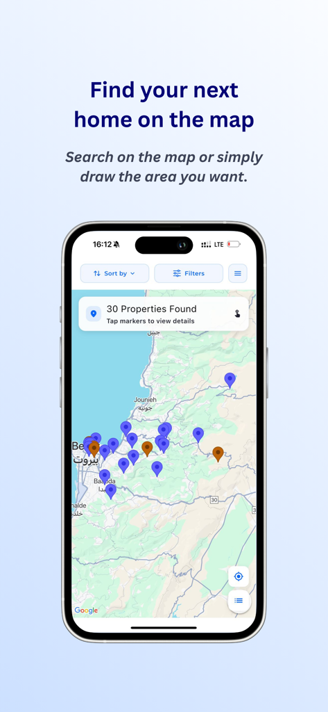 DoorEast - Lebanon Real Estate - Interface de mapa do aplicativo DoorEast mostrando listagens de imóveis no Líbano