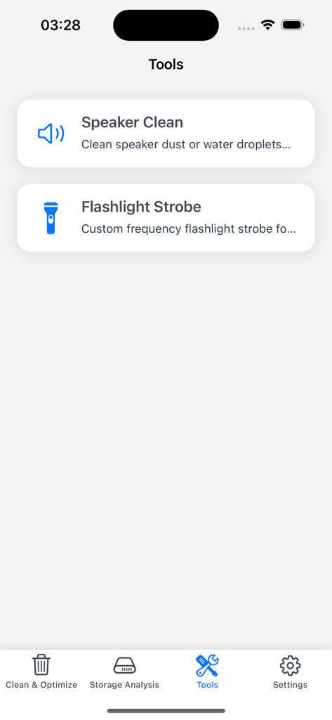 Phone Cleaner-Boost,Storage X - The Tools menu of the Phone Cleaner app displaying Speaker Clean and Flashlight Strobe utility options