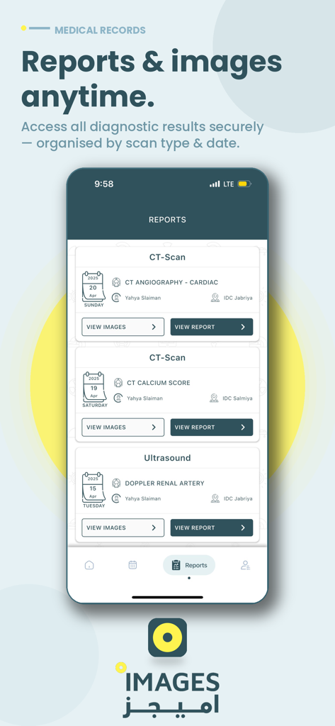 My ImagesDC - Pantalla móvil de la aplicación My ImagesDC que muestra una lista de informes de diagnóstico médico, que incluyen tomografías computarizadas y ecografías, con opciones para ver imágenes e informes