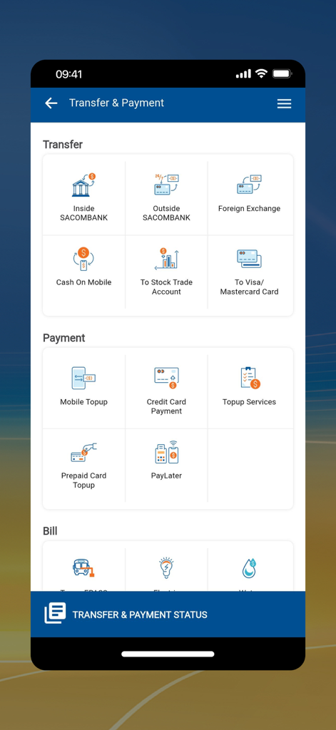 Pantalla de la aplicación Sacombank mBanking que muestra opciones para transferencias de dinero y pagos de facturas