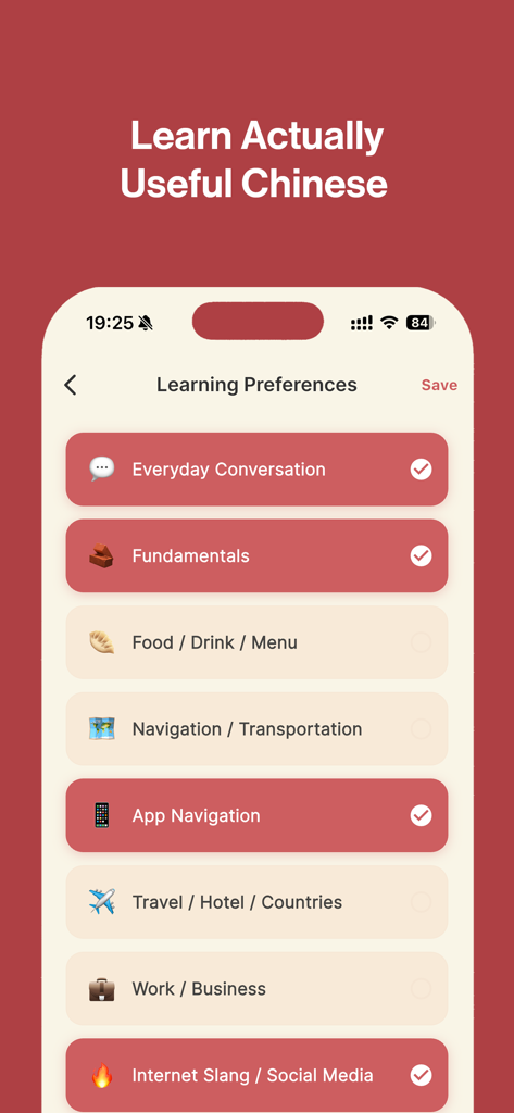 Daily Hanzi - Daily Hanzi mobile app interface showing learning preference categories like Everyday Conversation, Fundamentals, and Internet Slang
