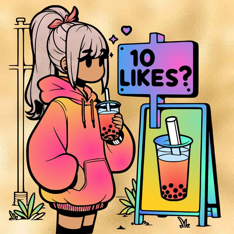 girl with oversized hoodie drinking boba and she has a high ponytail with a sign that says 10likes?