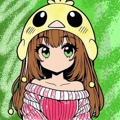 anime girl with chick shaped hat with sweater with bare shoulders with bangs covering them one eye with low tail