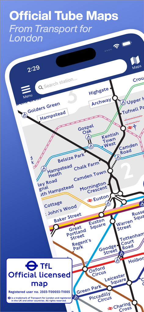 Tube Map Pro - Smartphone screen showing the official licensed London Tube Map in the Tube Map Pro app.