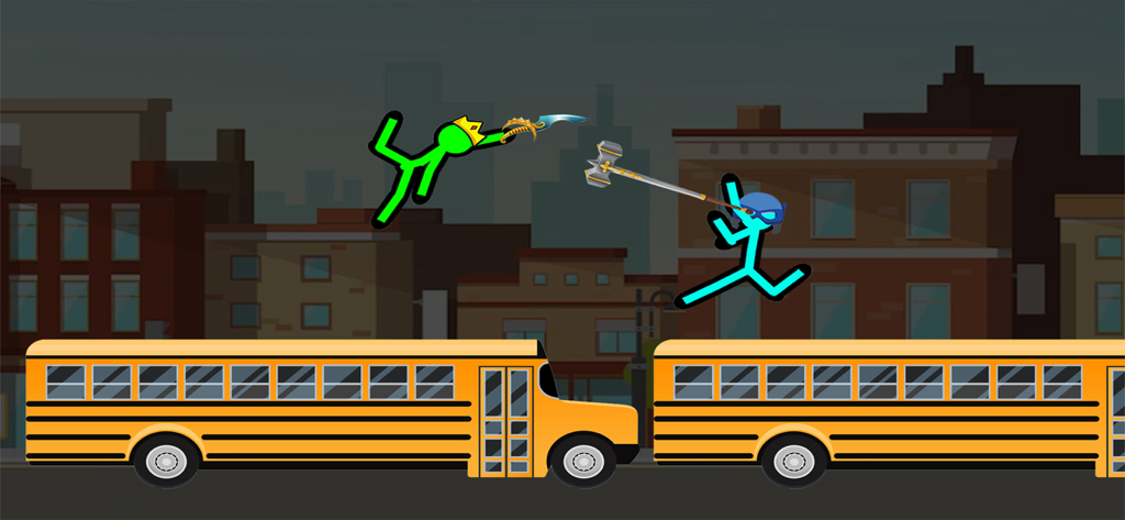 Stickman Warriors: Fight Games - Two stickman warriors fighting with weapons on top of yellow school buses in a city.