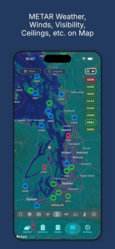 AvWx - Una interfaz de mapa que muestra datos meteorológicos METAR de visibilidad y techos para múltiples aeropuertos.
