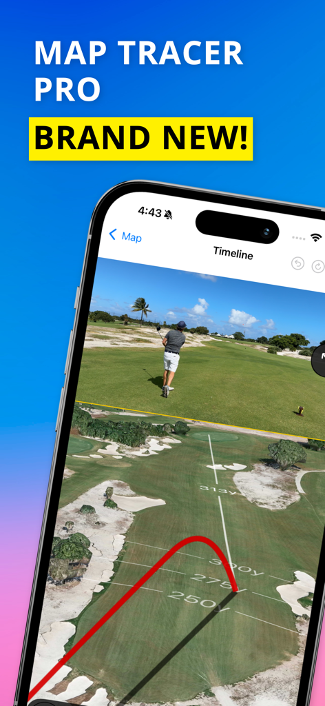 Interface de Shot Tracer Map Pro avec carte de parcours de golf 3D et animation de trajectoire de balle