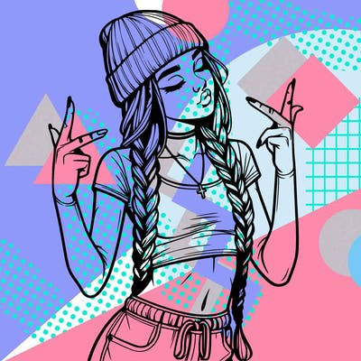 realistic teenage girl with braids and a beanie and crop top doing 🫶🏼