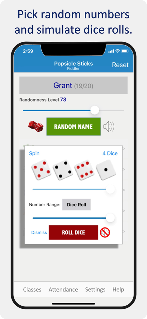 A classroom management app interface showing a random name picker and digital dice rolls