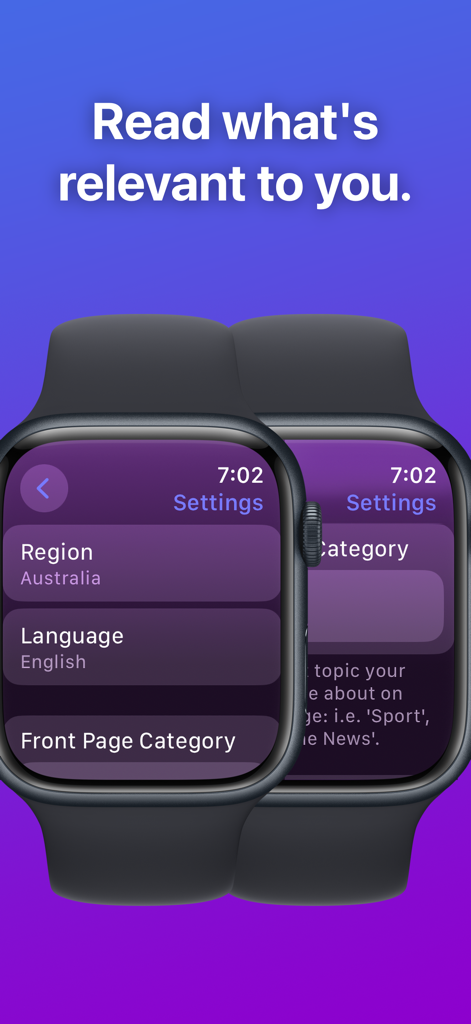 Settings screen of The Brief news app on Apple Watch showing region and language customization options.
