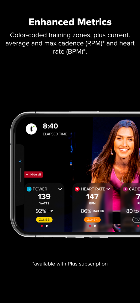 Spinning Indoor Cycling - Interface do aplicativo Spinning mostrando potência em tempo real, watts e zonas de frequência cardíaca durante um treino de ciclismo indoor.