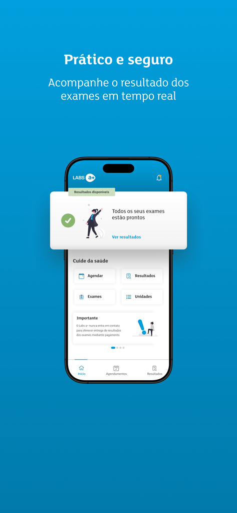 Labs a+ - Pantalla de smartphone que muestra la aplicación Labs a plus con una notificación de que los resultados de los exámenes médicos están listos