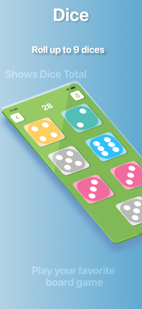 Random Generator App - 複数のカラフルなサイコロとその合計を示すデジタルサイコロローラーインターフェイス