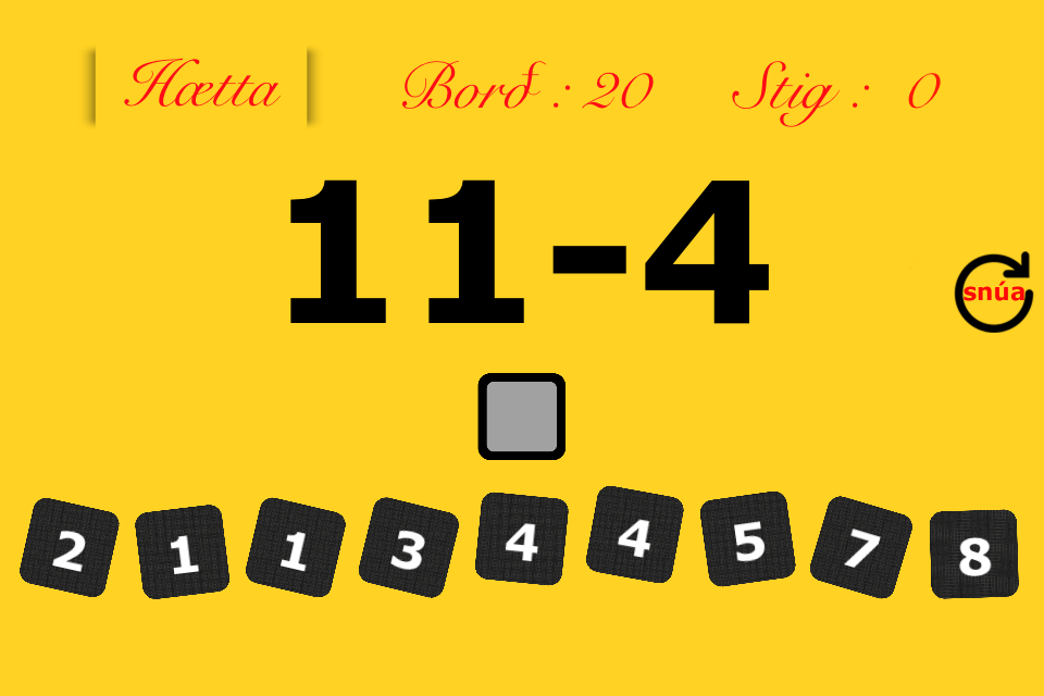 Stærðfræðileikurinn - Subtraction math problem 11 minus 4 in a kids learning game interface