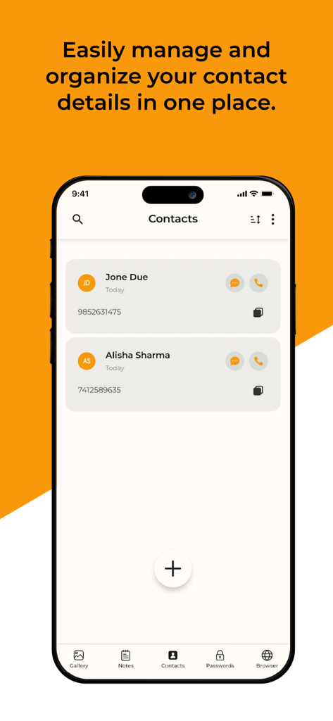 Secrete Calculator Lock Vault - Interface of the Secret Calculator Lock Vault app showing the private contacts management screen