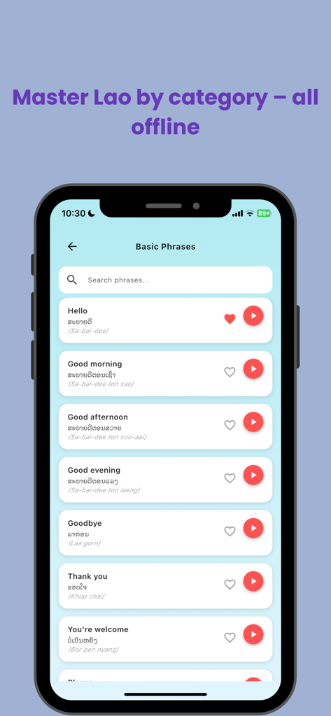 Lao Phrasebook - Screenshot of Lao Phrasebook app showing basic greetings in Lao with phonetic spelling and audio play buttons