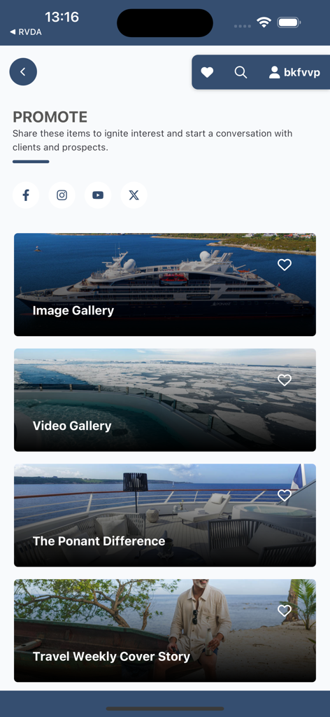 PONANT Explorer - The promote screen of the PONANT Explorer app showing marketing assets and galleries for travel advisors