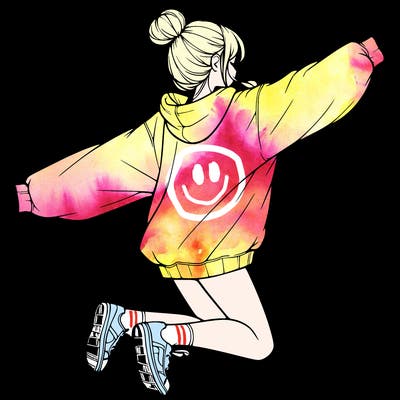 realistic girl jumping with a bun and oversized sweatshirt