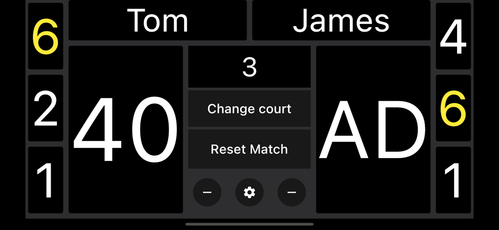 Simple Tennis Scoreboard - Digital tennis scoreboard interface showing a match score between two players with set history and game controls.