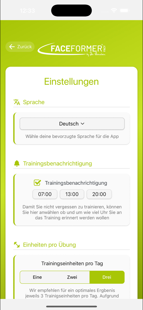 Settings screen of the FaceFormer app showing options for language selection and training notification reminders.